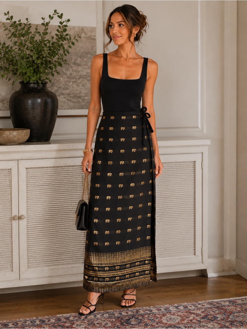 Vintage Black Gold Elephant Wrap Maxi Skirt Thai Tie Waist Large gold black